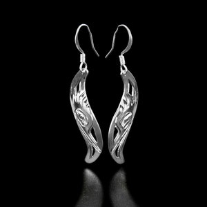 Canadian First Nations, Hand Carved Sterling Silver Leaf Style Kingfisher Earrings, Indigenous Native Jewellery, Kwakwaka&#39;wakw