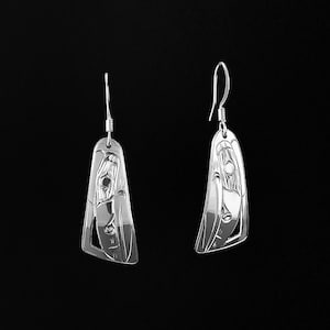 Canadian First Nations, Hand Carved Sterling Silver Tapered Raven Earrings, Indigenous Native Jewellery, Kwakwaka&#39;wakw