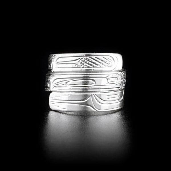 Canadian First Nations, Hand Carved Sterling Silver Raven Triple Wrap Ring, Indigenous Native Jewellery, Kwakwaka'wakw