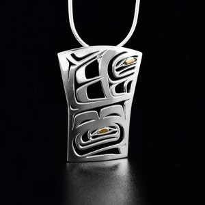 Canadian First Nations, Cutout Large 18K Gold and Silver Raven Box Crest Pendant, Indigenous Native Jewellery, Tahltan Nation