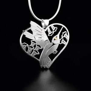 Canadian First Nations, sterlingzilveren en 14 kt gouden harthanger kolibrie, inheemse inheemse sieraden, Tahltan Nation
