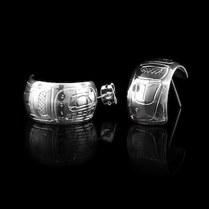 Canadian First Nations, Hand Carved Sterling Silver Orca Wide Hoop Earrings, Indigenous Native Jewellery, Coast Salish