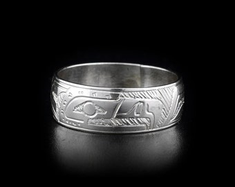 Northwest Coast Indigenous, Hand Carved Sterling Silver 5/16" Eagle Ring, First Nations Jewellery, Coast Salish