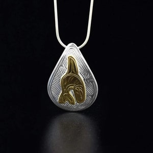 Canadian First Nations, Hand Carved Sterling Silver and 14K Gold Teardrop Orca Pendant, Indigenous Native Jewellery, Kwakwaka&#39;wakw