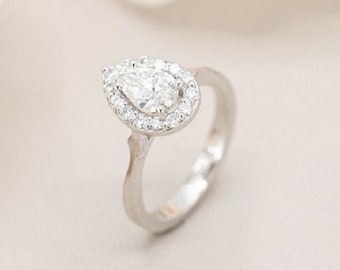 Vintage Pear Shaped Moissanite Engagement Ring, Pear Cut Unique 14k White Gold Halo Ring, Wedding Ring, Anniversary Ring, Proposal Ring