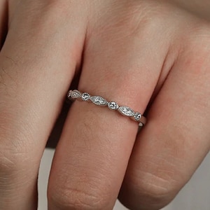 Art Deco 14k Solid Gold Wedding Band | Unique Milgrain Moissanite Matching Band | Half Eternity Bridal Promise Ring | Delicate Stacking Ring