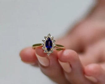 14k Sapphire Marquise Halo Ring / Minimalist Sapphire Engagement Ring Solid Gold / Blue Sapphire Ring / Dainty Promise Ring / Wedding Ring