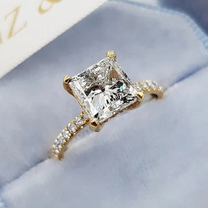 2.02 CT Princess Cut Moissanite Engagement Ring, Hidden Halo Wedding Ring, Square Cut Moissanite Solitaire Ring, Delicate Anniversary Gifts