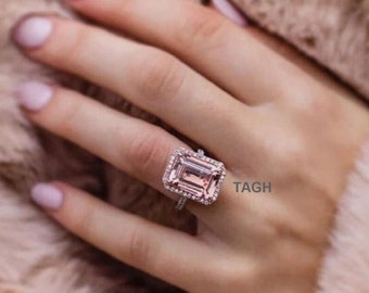 Halo Emerald Cut Morganite Engagement Ring For Women - 14k Solid Gold Emerald Cut Anniversary Ring For Her - Art Deco Wedding For Bride