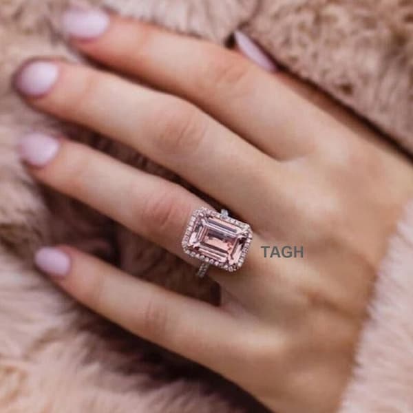 Halo Emerald Cut Morganite Engagement Ring For Women - 14k Solid Gold Emerald Cut Anniversary Ring For Her - Art Deco Wedding For Bride