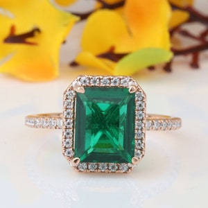 18k Solid Gold Green Emerald Halo Ring | Gemstone Ring | Emerald Cut Lab Created Emerald Ring | Engagement Ring | Wedding Promise Gifts/Ring