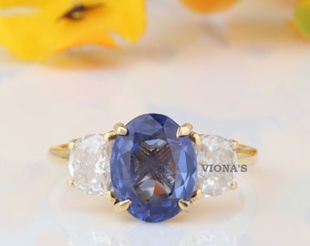 Three Stone Lab Created Blue Sapphire Engagement Ring/Accents Half Moons Moissanite/Oval Cut Sapphire Wedding Ring/Unique Bridal Gifts/Ring
