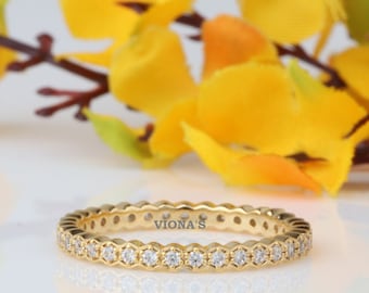 Vintage Round Cut Moissanite Wedding Ring 18k Yellow Gold Art Deco Anniversary Band Full Eternity Band Unique Prong Set Ring Promise Gifts