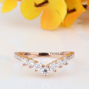 14k Rose Gold Curved Wedding Band Art Deco Moissanite Diamond Band Women Chevron Matching Stacking Ring Unique Promise Band Anniversary Band