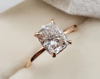 Elongated 1.5 CT Cushion Cut Moissanite Engagement Ring | Hidden Halo Solitaire Ring | Unique Wedding Ring | Bridal Anniversary Gifts/Ring