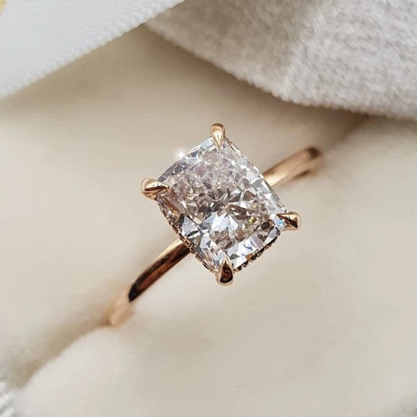 Elongated 1.5 CT Cushion Cut Moissanite Engagement Ring | Hidden Halo Solitaire Ring | Unique Wedding Ring | Bridal Anniversary Gifts/Ring