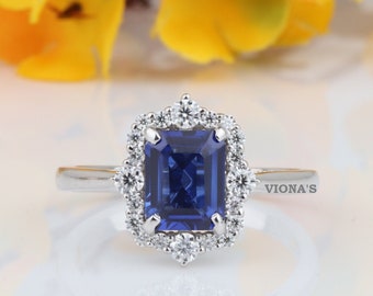 Emerald Cut Lab Created Blue Sapphire Engagement Ring Vintage Sapphire Wedding Ring 18k White Gold Halo Bridal Ring Anniversary Gifts/Ring