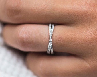 Round Moissanite Cross Over Womens Band/3/4 Eternity Wedding Band/Solid 18K Gold Moissanite Band/Criss Cross Anniversary Gift For Her/X Ring