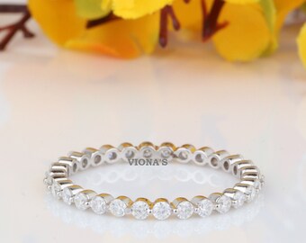 2.00 MM Round Cut Colorless Moissanite Wedding Band, Full Eternity Band, Minimalist Matching Band, Bubble Prong Set, Stacking Bridal Ring