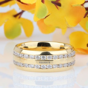 8 Mm Men&#39;s Wedding Band, Men&#39;s Channel Set Promise Band, 14k Yellow Gold Moissanite Band, Thick Band, Unique Anniversary Gifts/Ring For Him