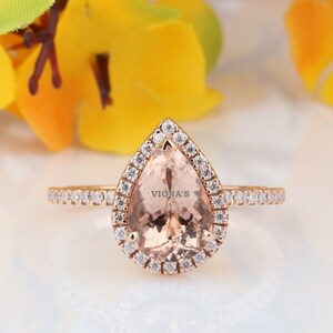 Pear Cut Engagement Ring 18k Rose Gold Morganite Wedding Ring Vintage Halo Moissanite Ring Anniversary Ring Bridal Ring Half Eternity Ring