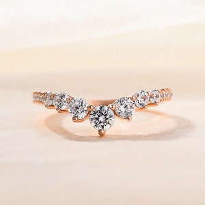 Art Deco 14k Rose Gold Curved Wedding Band Moissanite Diamond Band Women Chevron Matching Stacking Ring Unique Promise Band Anniversary Band