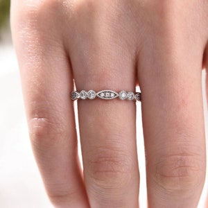 Art Deco Round Cut Moissanite Wedding Band/Unique Milgrain Matching Band/Half Eternity Stacking Ring/Delicate Promise Ring/Anniversary Band