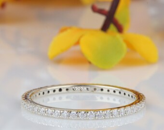 14k Solid Gold Full Eternity Moissanite Diamond Wedding Band | Micro Pave Eternity Band | Thin Dainty Stacking Band | Delicate Matching Band
