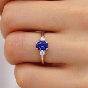 Royal Blue Oval Cut Three Stone Ring/14k Solid Yellow Gold Wedding Ring/Oval Cut Prong Set Ring/Accent Colorless Round 3 Stone/Trend Setter