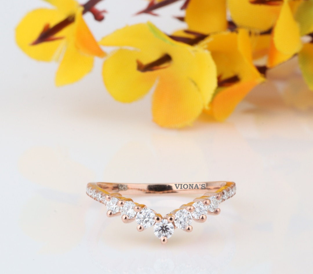 14k Rose Gold Curved Wedding Band Art Deco Moissanite Diamond Band ...