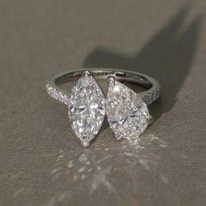 Toi Et Moi Moissanite Ring Pear and Marquise Cut Two Stone Engagement Ring Real 14K Solid Gold Double Stone Ring Promise Rings for Women