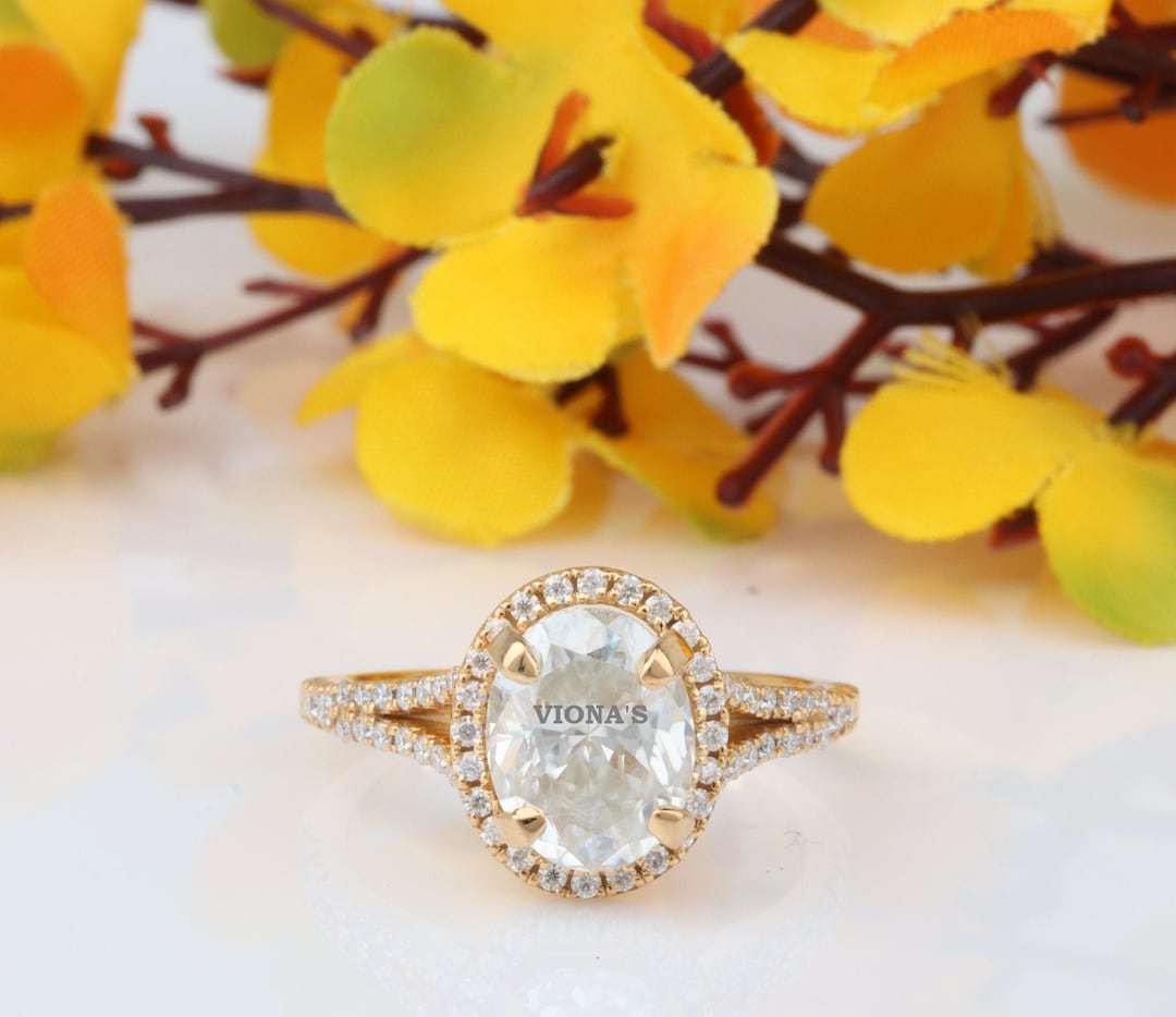 Oval Halo Split Shank Engagement Ring, 2.75 TW Oval Cut Moissanite Ring ...