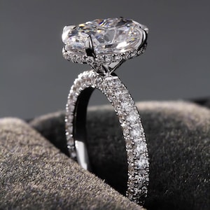 3.2 Ct Oval Cut Moissanite engagement Ring, 3D pave Moissanite Engagement Ring, three side pave moissanite ring, Moissanite Hidden Halo ring