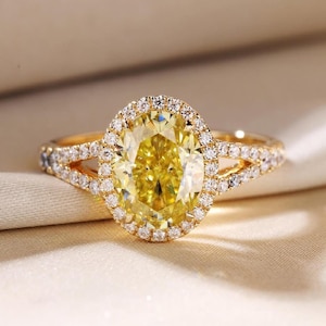 Canary Yellow Oval Cut Halo Engagement Ring | Double Split Shank Moissanite Engagement Ring | Anniversary Gift | Wedding Ring Set For Women