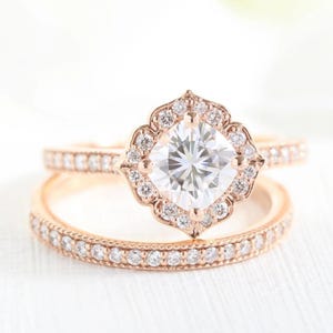 Cushion cut Moissanite Engagement ring set Vintage Yellow Gold Bridal ring set Diamond wedding ring set for Women Promise Anniversary ring