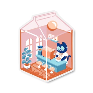 Cute Cat Coffee Shop Sticker - Barista Cat Sticker - Kawaii Neko - Pastel Aesthetic Art - Cottage Core Sticker - Milk Carton Sticker