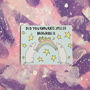 May include: A light blue card with a rainbow and two white rats holding the ends of the rainbow. The card says "Did you know rats spelled backwards is star?" with stars around the text.