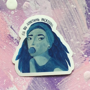 Qualcosa di incredibile - Adesivo vinile - ritratto ad acquerello - piccolo adesivo in vinile - adesivo per ragazze - motivazionale - blu - bottiglia d'acqua del laptop
