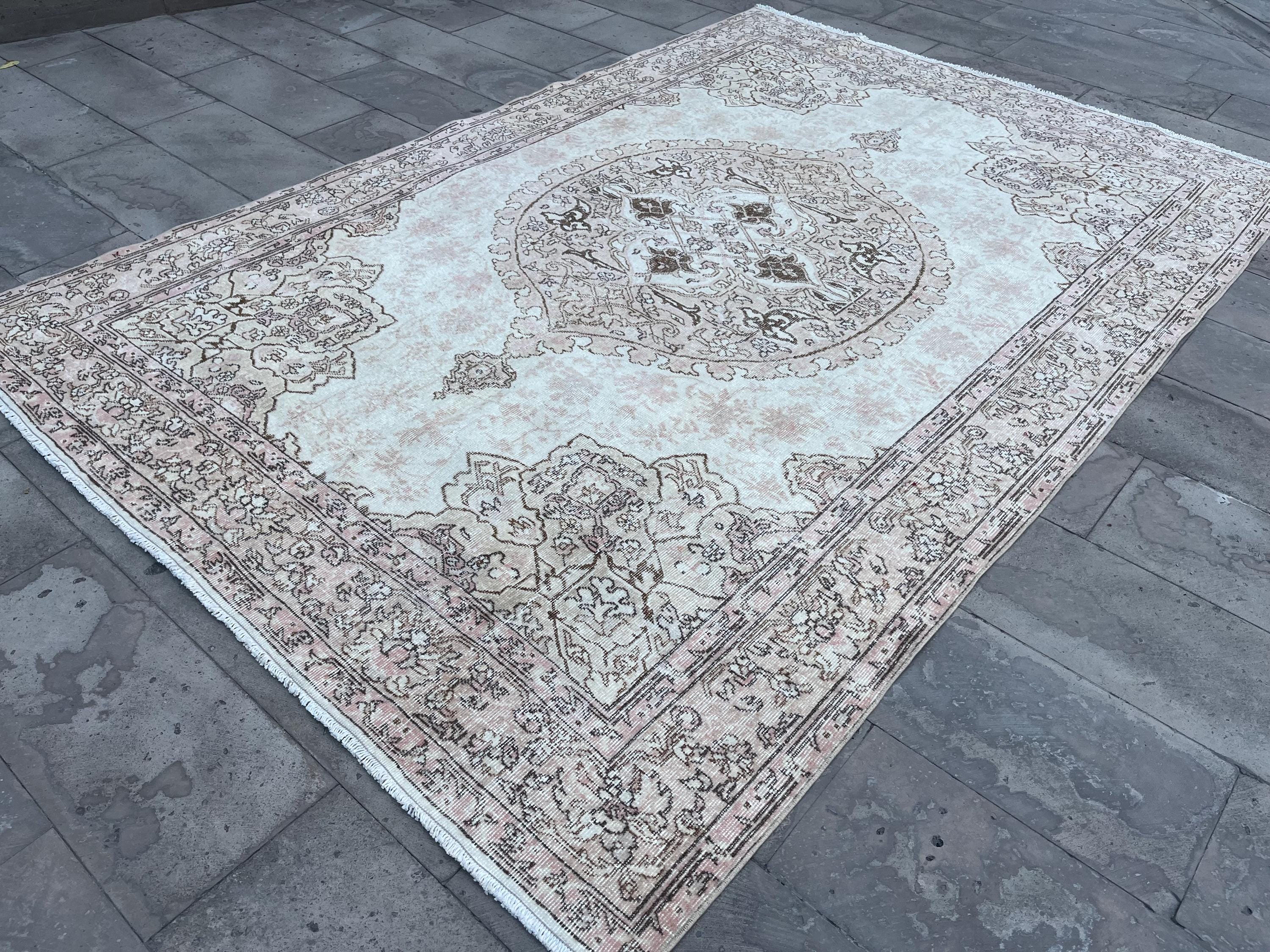 Oversize Turkish Oushak Rug: 60's Vintage Pale Pink Wool Carpet (6