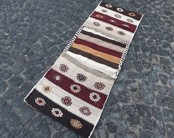 Embroidered Wool Kilim Saddle Bag: 2x5.6 ft Vintage Oriental Rug