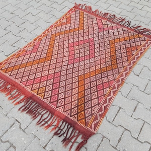 Vintage Turkish Kilim Rug: Aztec Oushak Wool Rug (3.7x4.6 ft)