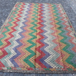 Oversize Bohemian Kilim Rug: 6.5x10 ft Vegetable Dye Wool Rug