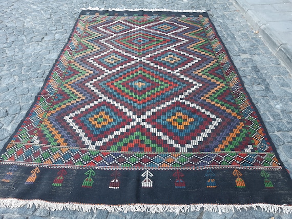 5'8x9'2 Cicim (jijim) Carpet Large Vintage Turkish Bohemian Kilim Rug Colorful , KLM123