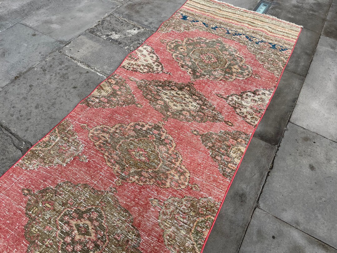 Hand-knotted Wool Oushak Runner Rug: 3x11.5 Ft Pink Stair Rug - Etsy