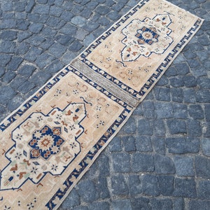 Beige and navy runner rug,  Turkish vintage runner rug, oushak runner rug, 1.7x10 feet, FREE Shipping, kitchen rug, stair rug, SRNR350