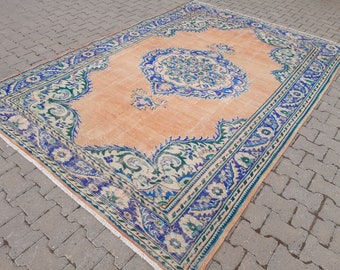 Oversize Oushak Rug (7.2x10.4 ft): Large Turkish Wool Rug, 1960s Vintage