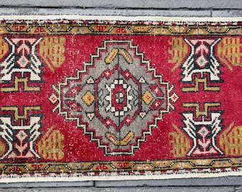 1.8x3.1 Blood + Yellow Vintage Small Rug / Boho Hand Woven Rug Decor/ Wool on Cotton Vintage Rug / FREE SHIPPING / Code: S682