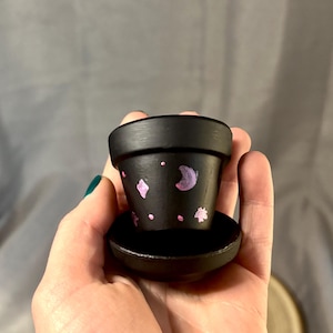 Tiny Black Celestial Plant Pot with Pink Stars – Hand Painted Terracotta, 5x4cm, Waterproof Sealed, Witchy Decor