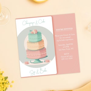 May include: A pink and white invitation card with a graphic of a layered cake and the text "Champagne & Cake Sip & Bake" on the front. The back of the card has the text "You're Invited" and details for a sip and bake event.