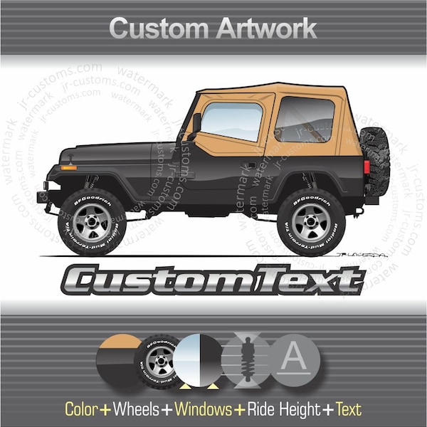 Custom 1987-1995 4x4 Jeep Wrangler YJ Rio Grande Islander Laredo Renegade Sport Sahara Soft Top ART for T-Shirt Hoodie mug sticker cap long